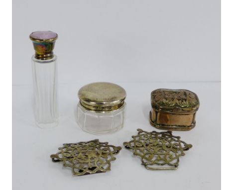 A mixed lot to include a silver and enamel topped glass scent flask, silver topped jar, Victorian Birmingham silver belt buck