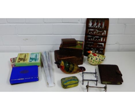 A mixed lot to include playing cards, Epns knife rests, carved wooden boxes, bird trinket box etc., (a large lot)