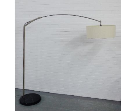 A contemporary adjustable floor standing lamp with curved chrome support and  hardstone base, 182cm