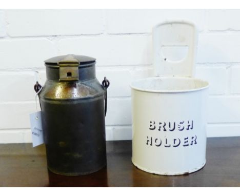 A vintage metal churn with brass plaque inscribed 'Mrs Maitland, 18 Great King Street', together with a vintage enamel brush 