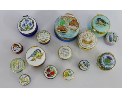 A collection of fifteen enamel pill boxes to include Halcyon Days, Crummles & Co, etc., (15) 
