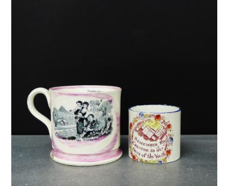 Two 19th century pearl ware mugs to include a remembrance and 'Remember thy creator in thy day's of thy youth' mug, (2) 