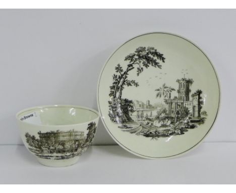 18th century Worcester teabowl and saucer, with black printed Castle & Ruin pattern, circa 1760 (2) 