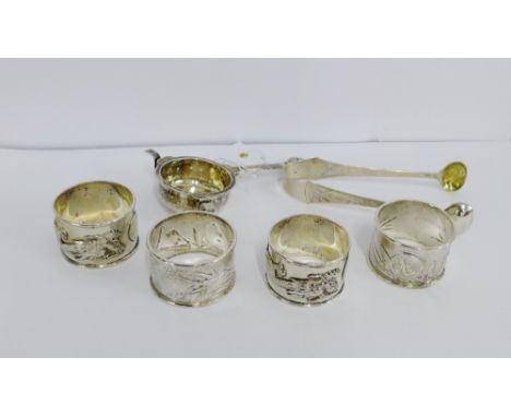 A collection of Chinese silver items by Tuck Chang of Shanghai to include a pair of bamboo patterned napkin rings, sugar tong