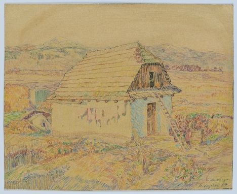 Bunt- u. BleistiftzeichnungHeinrich Vogeler 1872 Bremen - 1942 Budjonny "Hütte in Siebenbürgen" 1917 u. re. sign., dat. u. be