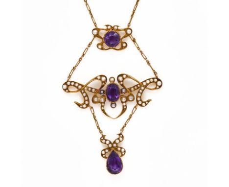 Jugendstil-Collier m. Amethysten u.Halbperlen, England um 1900. 15 kt GG, besetzt m. 1 rd. facettierten Amethyst, 1 oval face