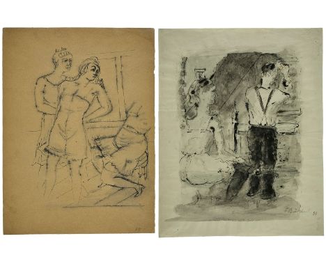 2 Tuschfeder- u. PinselzeichnungenFritz Burkhardt 1900 Arnstein - 1983 München "Beim Ankleiden - Frauen in Unterwäsche" eines