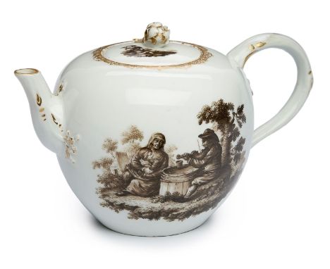 Teekanne, Meissen Punktzeit (1763-'74).Kugeliger Korpus m. flachem Deckel m. Blüten- knauf, rd. geschwungenem Asthenkel u. ku