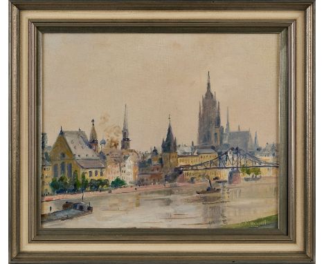 Gemälde Karl Mergell1870 Sterbfritz - 1944 Frankfurt "Blick über den Main auf Frankfurt" u. re. sign. K. Mergell verso auf d.