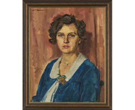 Gemälde Karl-Friedrich Lippmann1883 Offenbach - 1957 Offenbach "Portrait einer Dame mit blauer Bluse" o. li. sign. K.F. Lippm