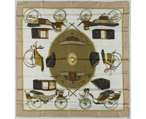 Carré "Les Voitures à Transformation",Hermès 2. Hälfte 20. Jh. Seide. Beige/ braun. Versch. Kutschen-Modelle u. -Bauteile, ze