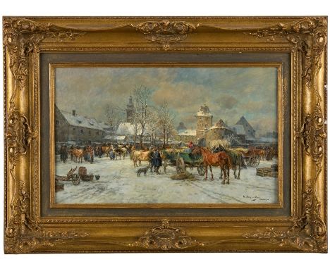Gemälde Karl Stuhlmüller1859 München - 1930 München "Winterlicher Viehmarkt vor denToren der Stadt" u. re. sign. u. bez. K. S