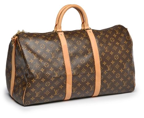 Weekender "Keepall",Louis Vuitton Ende 20. Jh. "Monogramm Canvas", beiges Leder, goldfarbene Metall-Elemente. Oberseite m. la
