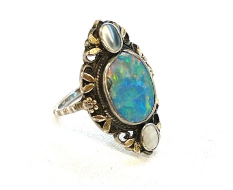 Antique arts and crafts silver ring set with opal and mother of pearl illegible mark, UK size M, small chip to opal 