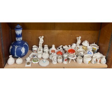 Quantity of crested ware including Goss, Wedgwood, Blue Jasperware, flask 