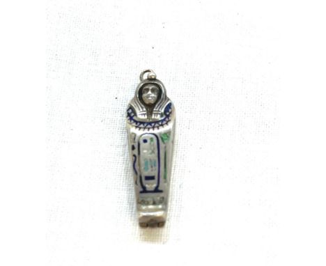Vintage Eqyptian silver and enamel charm opening Sarcophagus 
