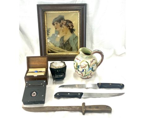 Selection of collectable pieces to include signed English jug, framed picture, playing card box, dagger, 2 kitchen knife 