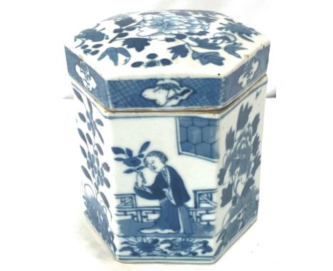 Antique Chinese Porcelain hexagonal lidded pot / caddy, approximate height 4.5 inches 