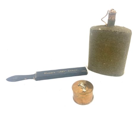 Vintage water bottle, stud box and a Klens army strop 