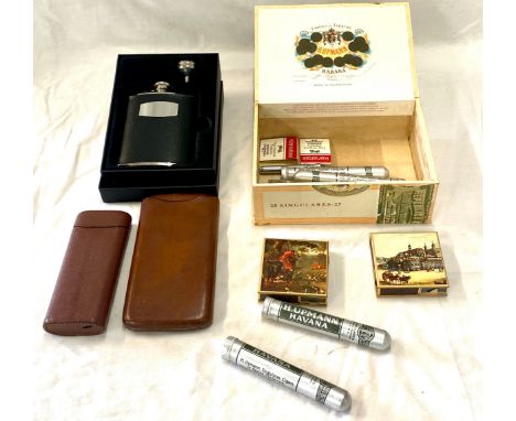 Hip flask, cigars, cigar cases 
