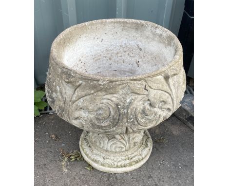 Concrete garden planter measures approx 18 inches high by 17 inches diameter 