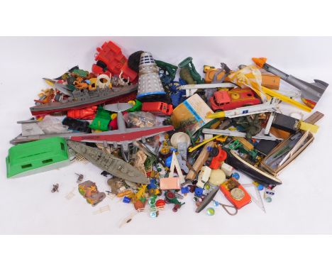 Various play worn toys, comprising kit built submarines and planes, railway barriers, a Swee Pea kit number 402-29 kit build,