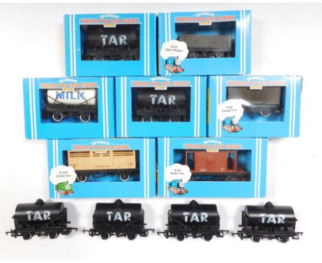 Hornby Thomas The Tank Engine OO gauge rolling stock, including R108 closed van, R107 open wagon, R305 tar tanker, R105 Tidmo