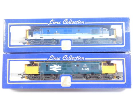 Lima Models OO gauge Class 37 locomotives, comprising 37421 The Kingsman, Regional Railways livery, and 37209 Phantom, BR blu