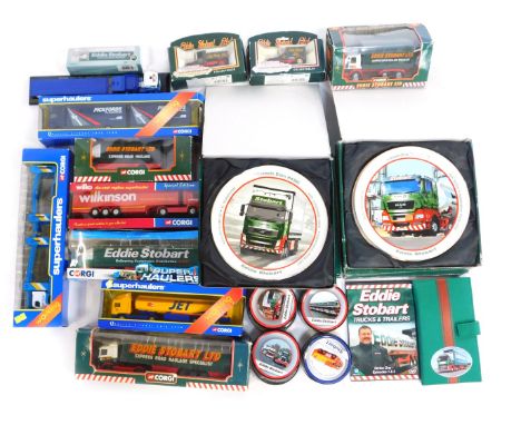 Corgi Super Haulers and Eddie Stobart memorabilia, including Atlas Editions Eddie Stobart coasters, Corgi Eddie Stobart Limit