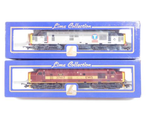 Lima Models OO gauge Class 37 locomotives, comprising 37906, Transrail two tone grey, and 37417 Rail Magazine, EWS livery, bo
