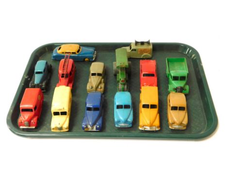 Various Dinky Toys cars and vans, Trojan van, 4cm high, Dinky Meccano saloon, steam roller, Bedford open backed van, other ca