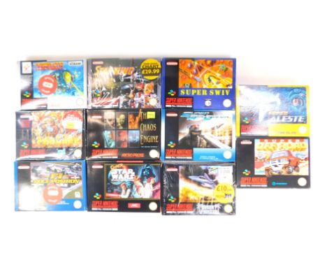 Eleven Super Nintendo PAL format games, comprising Total Carnage, Super SWIV Cybernator, F1 Pole Position, Star Wing, Super O