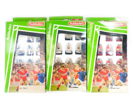 Three Subbuteo International Team sets, dating from the late 1980s to early 1990s, comprising West Germany 681, England (seco