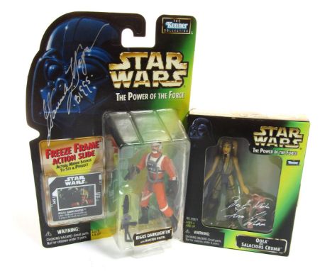 Two Star Wars The Power of the Force figures, comprising Biggs Dark Lighter with blaster pistol and freeze frame action slide