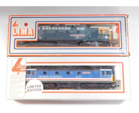 Lima Models OO gauge Class 33 locomotives, comprising 33114 Ashford 150, Network South East blue, red and white livery, limit