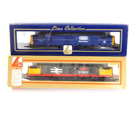 Lima Models OO gauge Class 37 locomotives, including 37502 British Steel Teeside in Railfreight Grey livery and 37798 in Main
