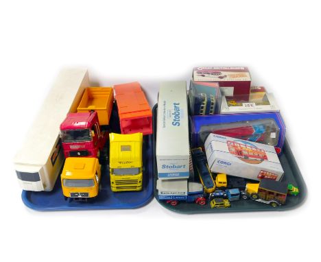 A group of diecast cars, to include a Corgi metro bus, Eddie Stobart lorries, Great British Buses Wallace Arnold Bedford OB, 