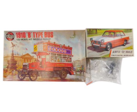 An Airfix 1910 B type bus model kit, 1/32, together with an Airfix 32 scale Triumph Herald, and a scale racing cars Ferrari 1