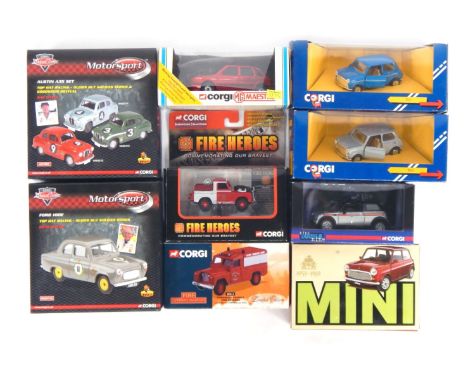 A group of diecast Corgi cars, to include Ford 100E, 1959-1989 Mini, Cornwell County Fire Brigade engine, etc. (a quantity)