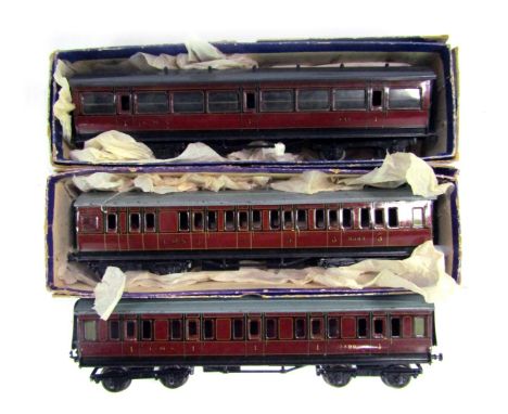 Exley tin plate O gauge coaches, for Bassett Loake, LMS crimson livery, First Class coach, No 3490, and LMS crimson Third Cla