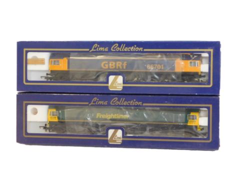 Lima Models OO gauge Class 66 diesel locomotives, comprising 66504 in Freightliner green livery, and 66701 in GBRf blue and o