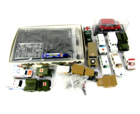 A group of army and other playworn diecast vehicles, Tamiya British ambulance Rover 7 kit build 1:35 scale, Matchbox Lesney a