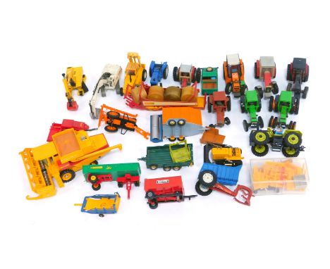 Britains diecast farm vehicles, including a 1982 New Holland combine harvester, Massey Ferguson tractor, Valmet 805 tractor, 