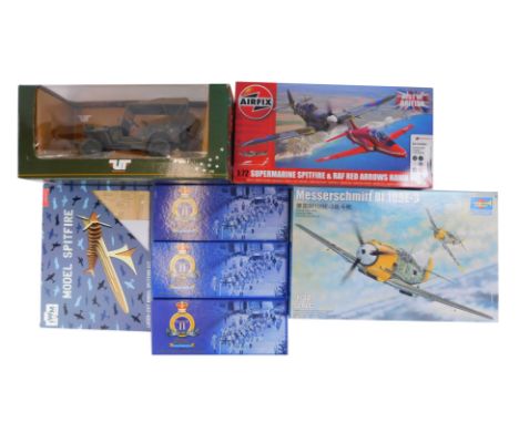 A collection of model cars and kits, comprising Willies Jeep Off Road, 1:18 scale, laser cut model Spitfire, Trumpeter 1:32 s