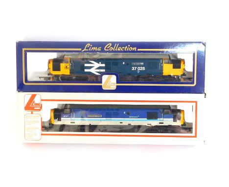 Lima Models OO gauge Class 37 diesel locomotives, comprising 37427 Highland Express in Scot Rail blue and grey livery, and 37
