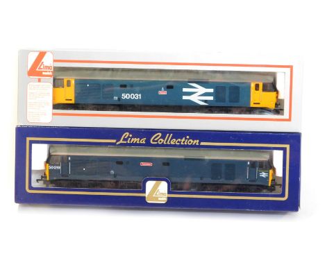 Lima Models OO gauge Class 50 diesel locomotives, comprising 50031 Hood in British Rail blue with yellow ends with large logo