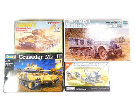 A group of 1:35 scale model kits, comprising Tristar German 20mm Flak 38, Maquette British Infantry Tank MK111 Valentine IV, 