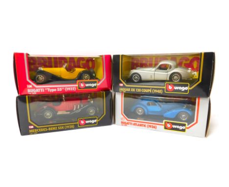 Four Burago diecast models, comprising a Bugatti type 55 1932, a Bugatti Atlantic 1936, a Mercedes Benz SSK 1928, and a Jagua