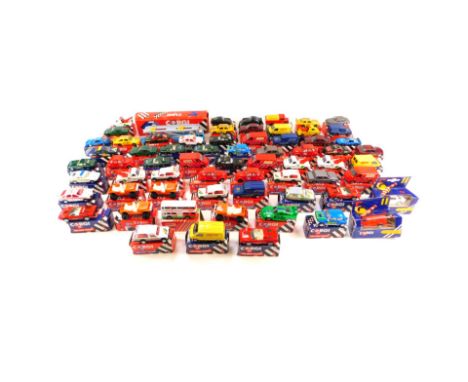 Corgi diecast vehicles, including Volvo car transporter, Jaguar track car, Renault Traffic, Renault 5, BMW M3 racing car, Vol