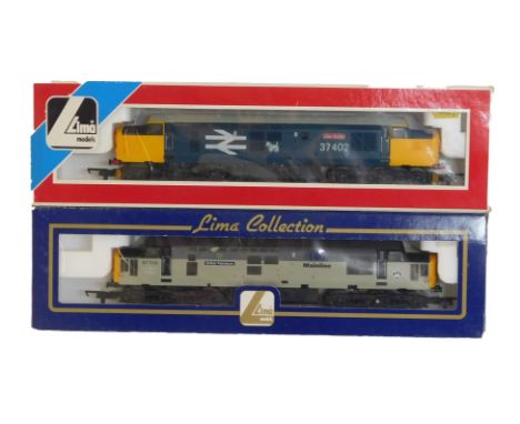 Lima Models OO gauge Class 37 diesel locomotives, comprising 37402 Oor Wullie BR blue large logo livery, and 37715 British Pe